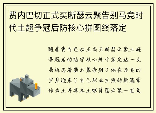 费内巴切正式买断瑟云聚告别马竞时代土超争冠后防核心拼图终落定